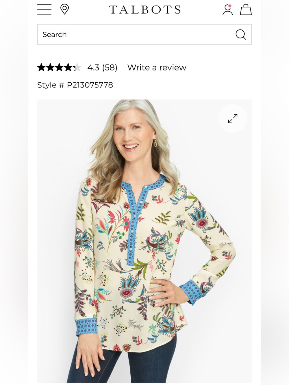 Talbots Ivory Floral Tunic with Blue Trim NWT